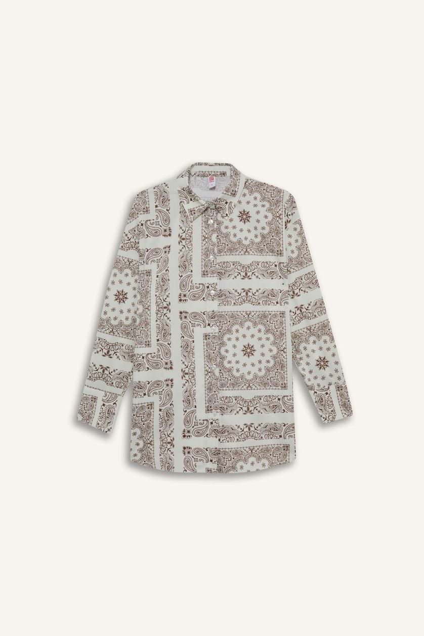 Kadın Kahve Regular Fit Şal Desenli Plaj Gömleği