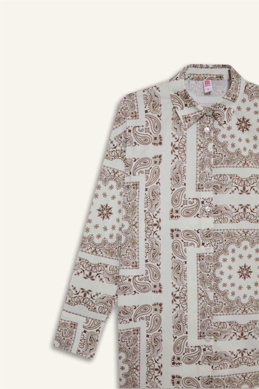 Kadın Kahve Regular Fit Şal Desenli Plaj Gömleği