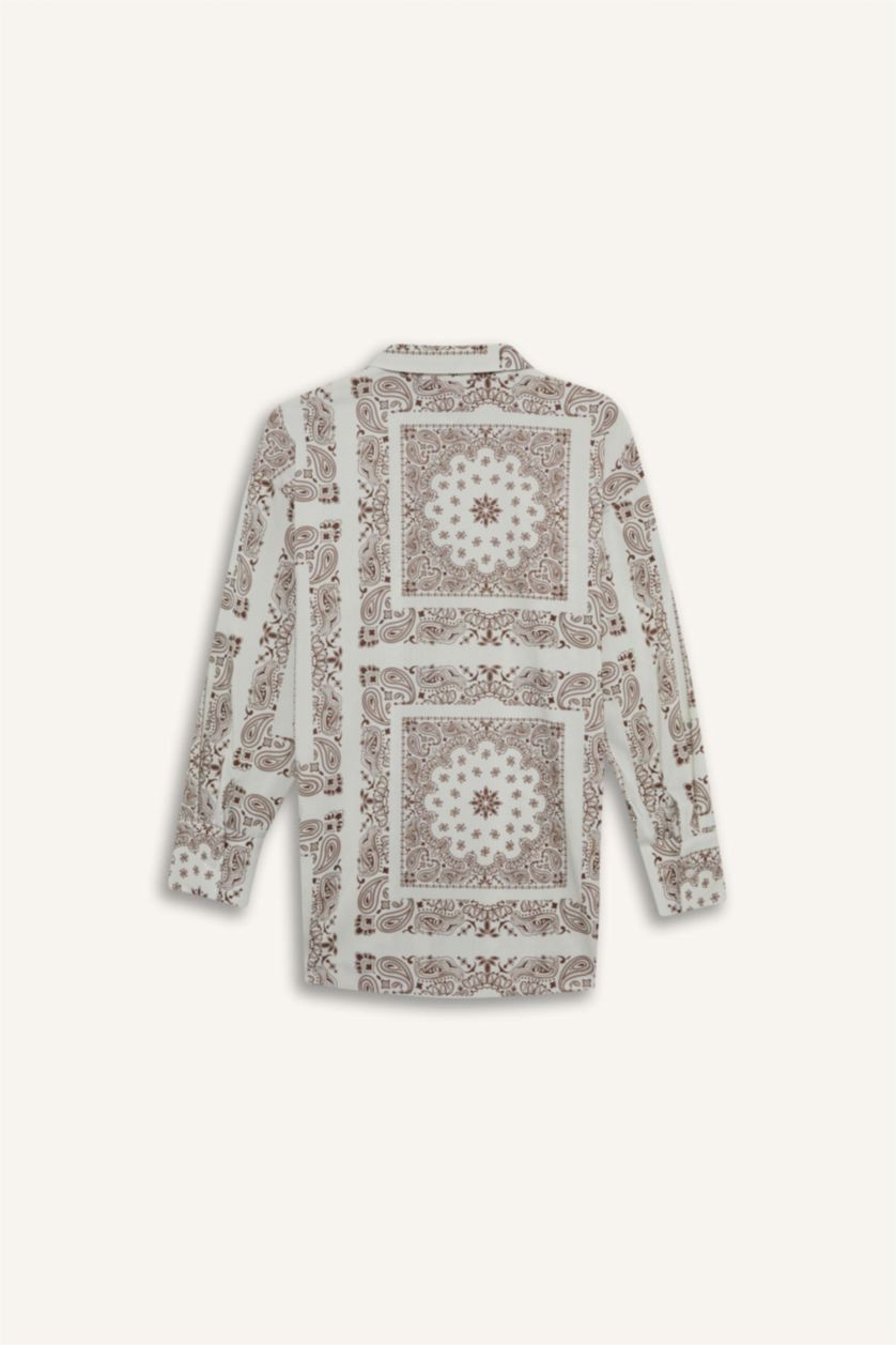 Kadın Kahve Regular Fit Şal Desenli Plaj Gömleği