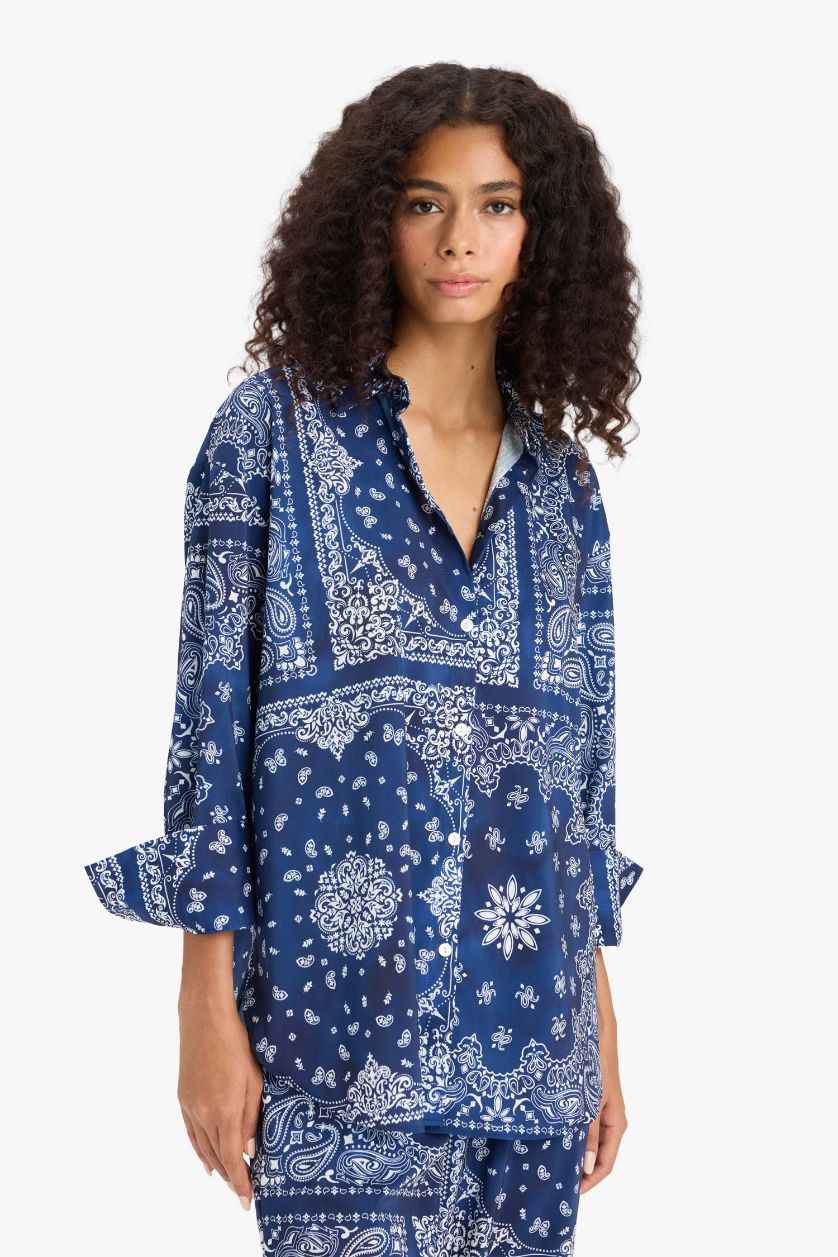 Kadın Lacivert Regular Fit Şal Desenli Plaj Gömleği