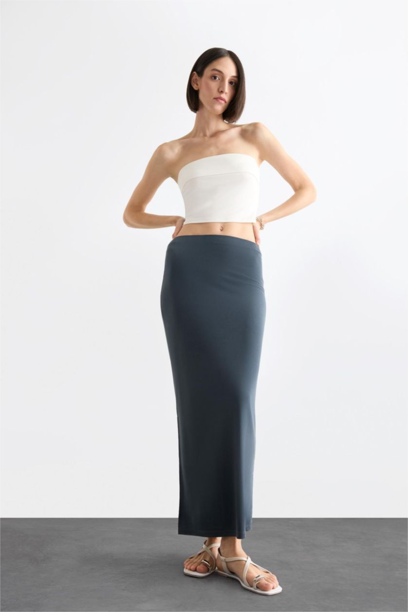 Kadın Açık Antrasit 	Slim Fit Dar Kesim Yırtmaçlı Midi Etek