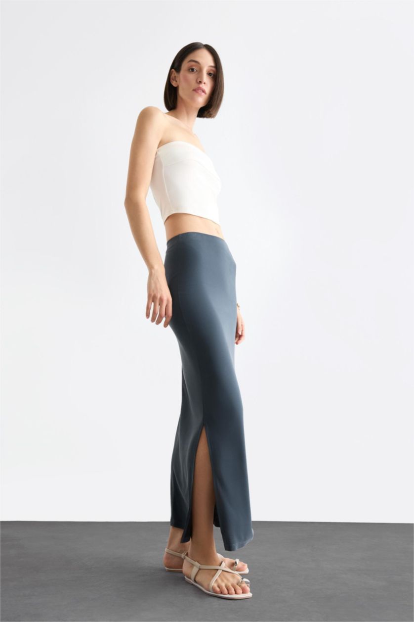 Kadın Açık Antrasit 	Slim Fit Dar Kesim Yırtmaçlı Midi Etek