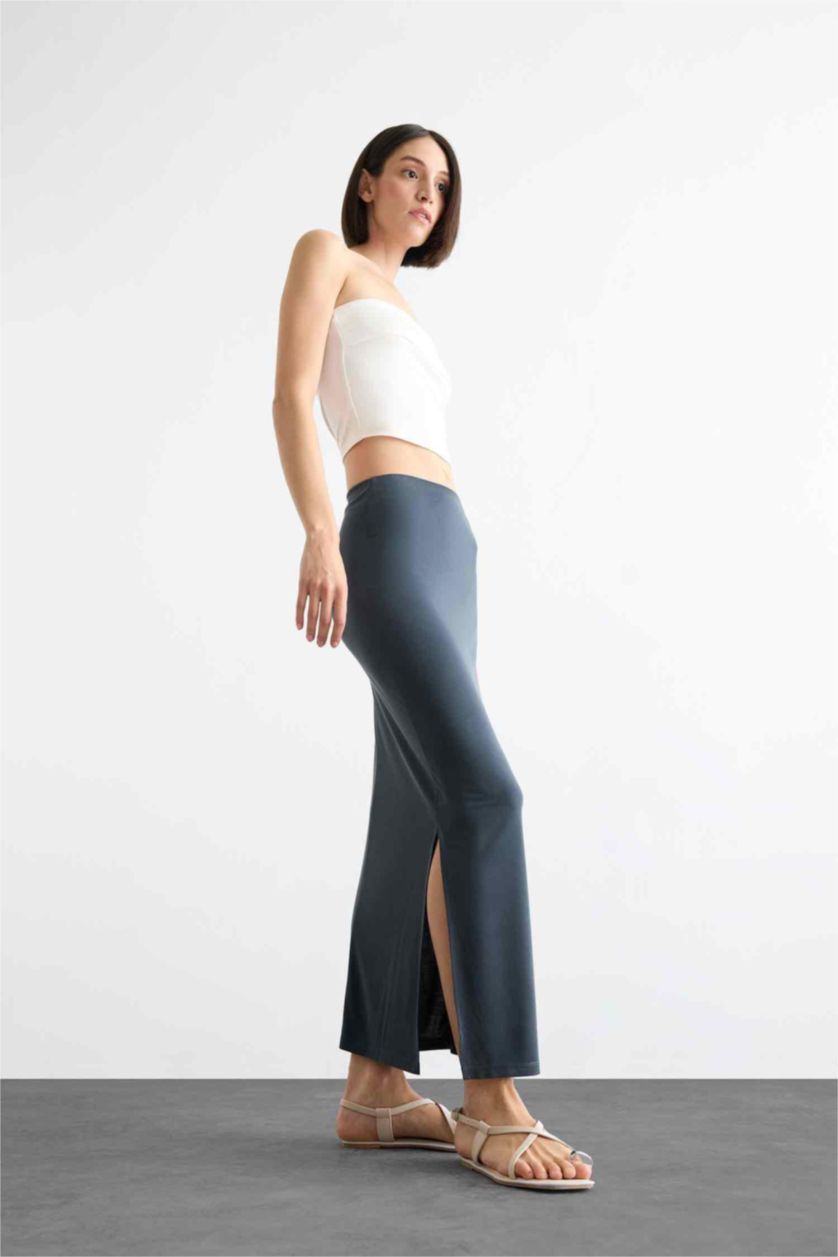 Kadın Açık Antrasit 	Slim Fit Dar Kesim Yırtmaçlı Midi Etek