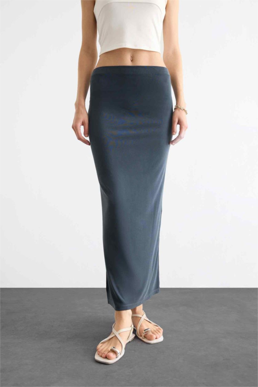 Kadın Açık Antrasit 	Slim Fit Dar Kesim Yırtmaçlı Midi Etek