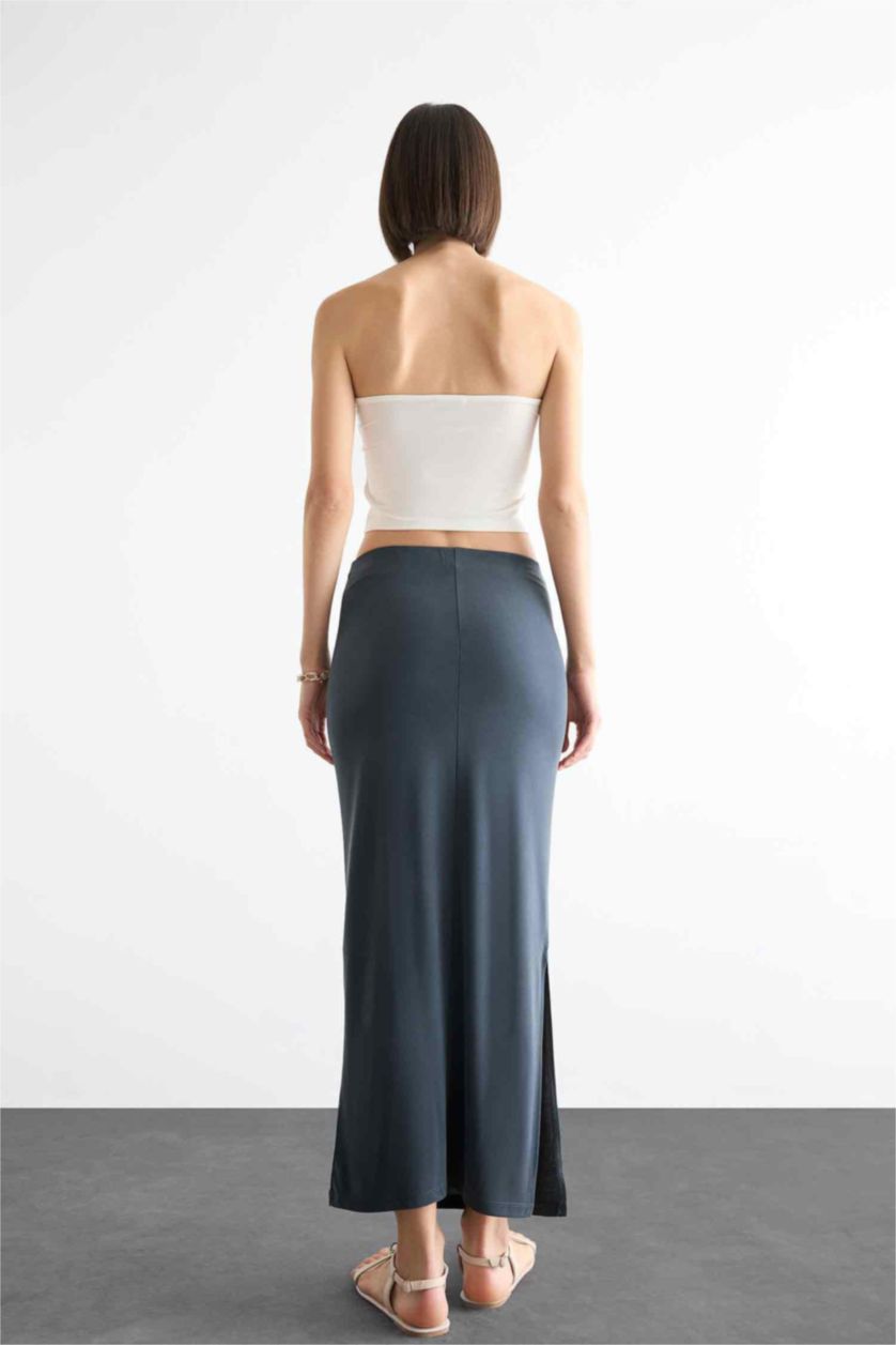 Kadın Açık Antrasit 	Slim Fit Dar Kesim Yırtmaçlı Midi Etek