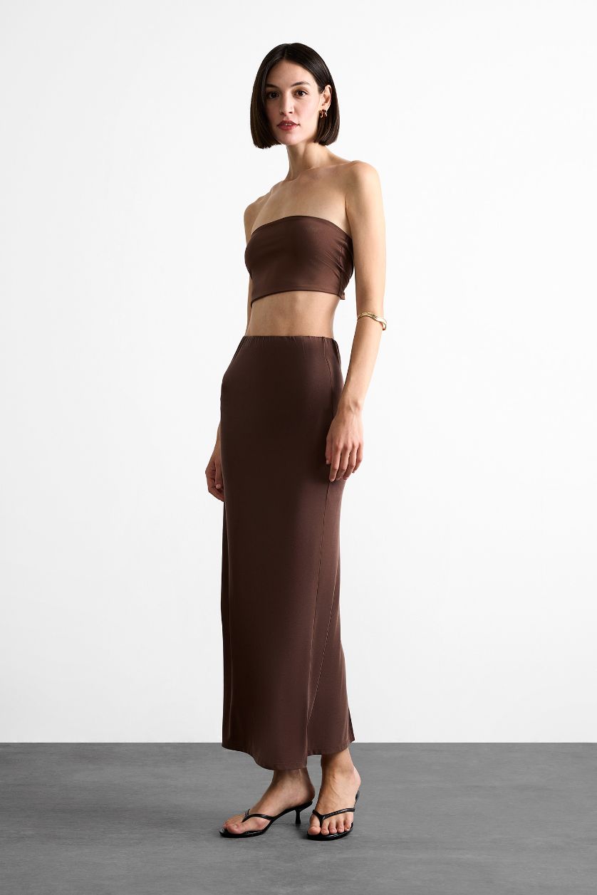 Kadın Açık Kahve Slim Fit Dar Kesim Yırtmaçlı Midi Etek