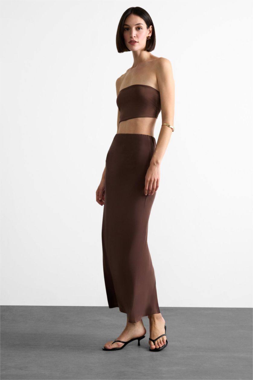 Kadın Açık Kahve Slim Fit Dar Kesim Yırtmaçlı Midi Etek