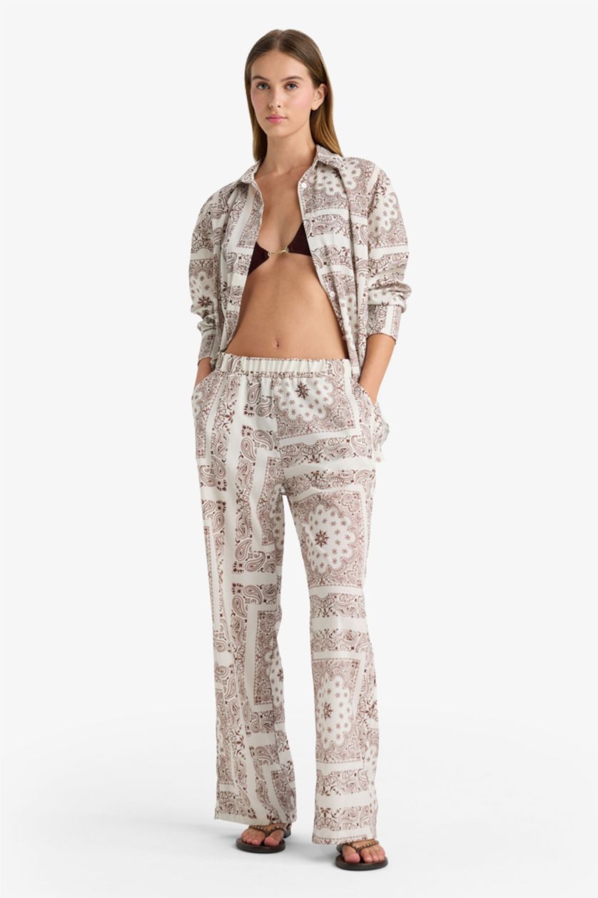 Kadın Kahve Regular Fit Şal Desenli Plaj Pantolonu