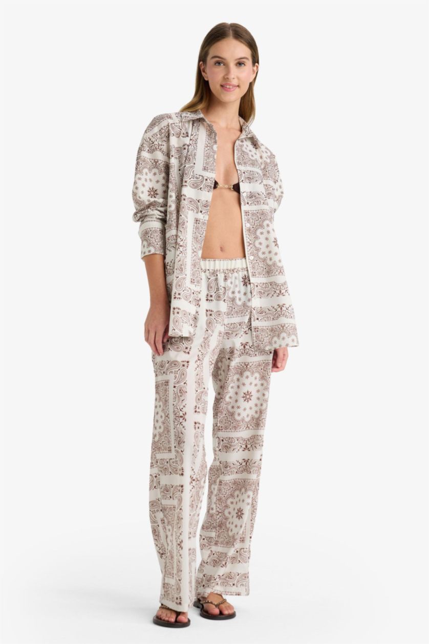 Kadın Kahve Regular Fit Şal Desenli Plaj Pantolonu