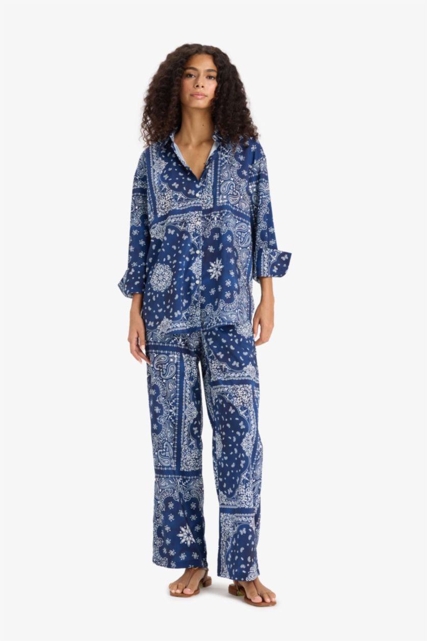 Kadın Lacivert Regular Fit Şal Desenli Plaj Pantolonu