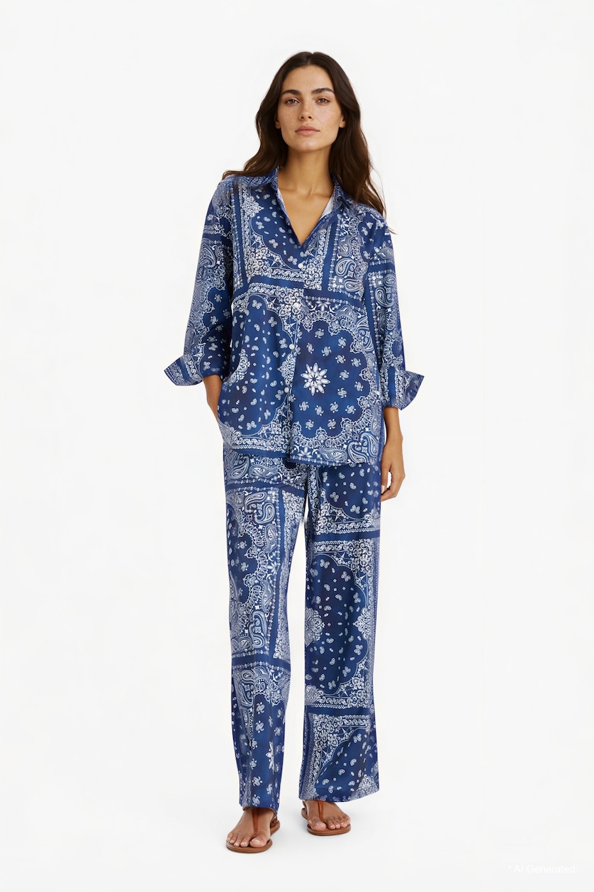 Kadın Lacivert Regular Fit Şal Desenli Plaj Pantolonu