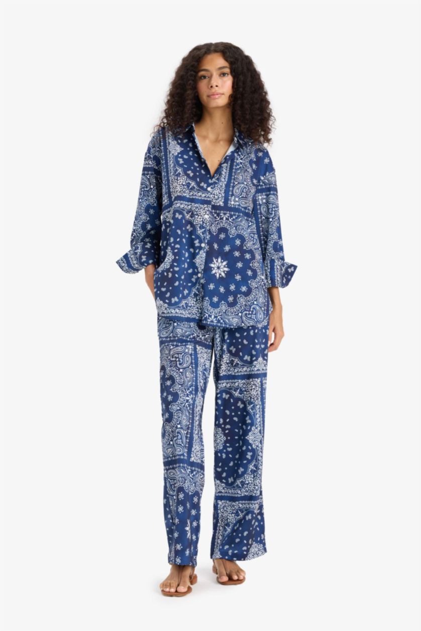 Kadın Lacivert Regular Fit Şal Desenli Plaj Pantolonu