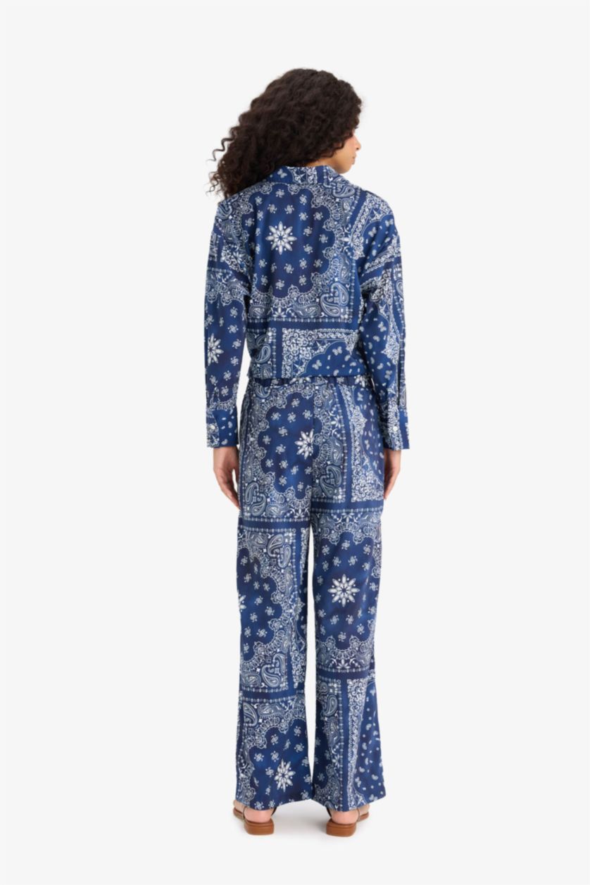 Kadın Lacivert Regular Fit Şal Desenli Plaj Pantolonu