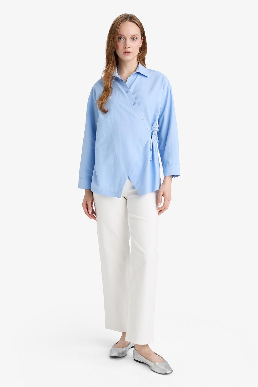 WOMAN Light Blue Regular Fit Poplin Shirt Collar Long Sleeve Tunic