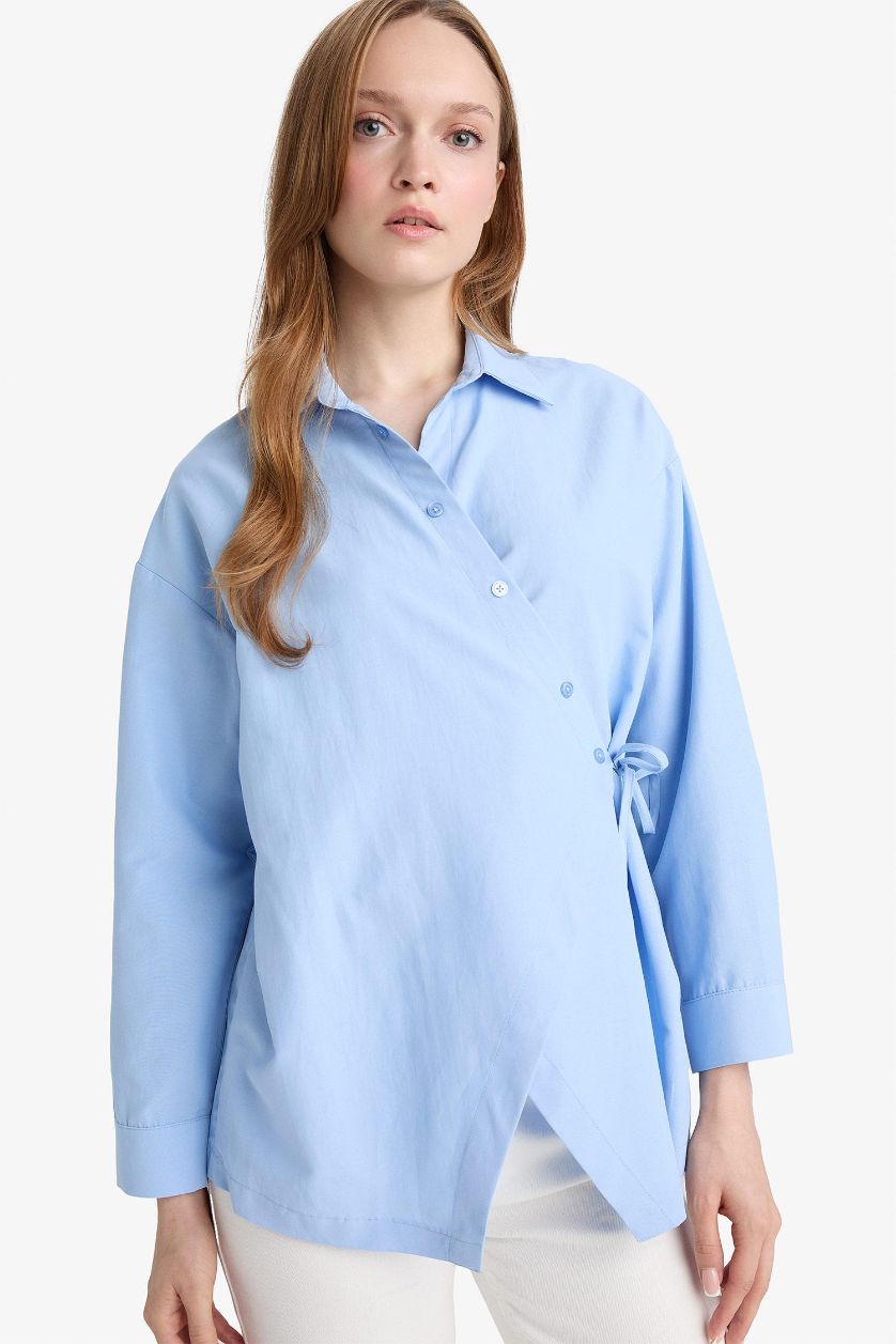 WOMAN Light Blue Regular Fit Poplin Shirt Collar Long Sleeve Tunic