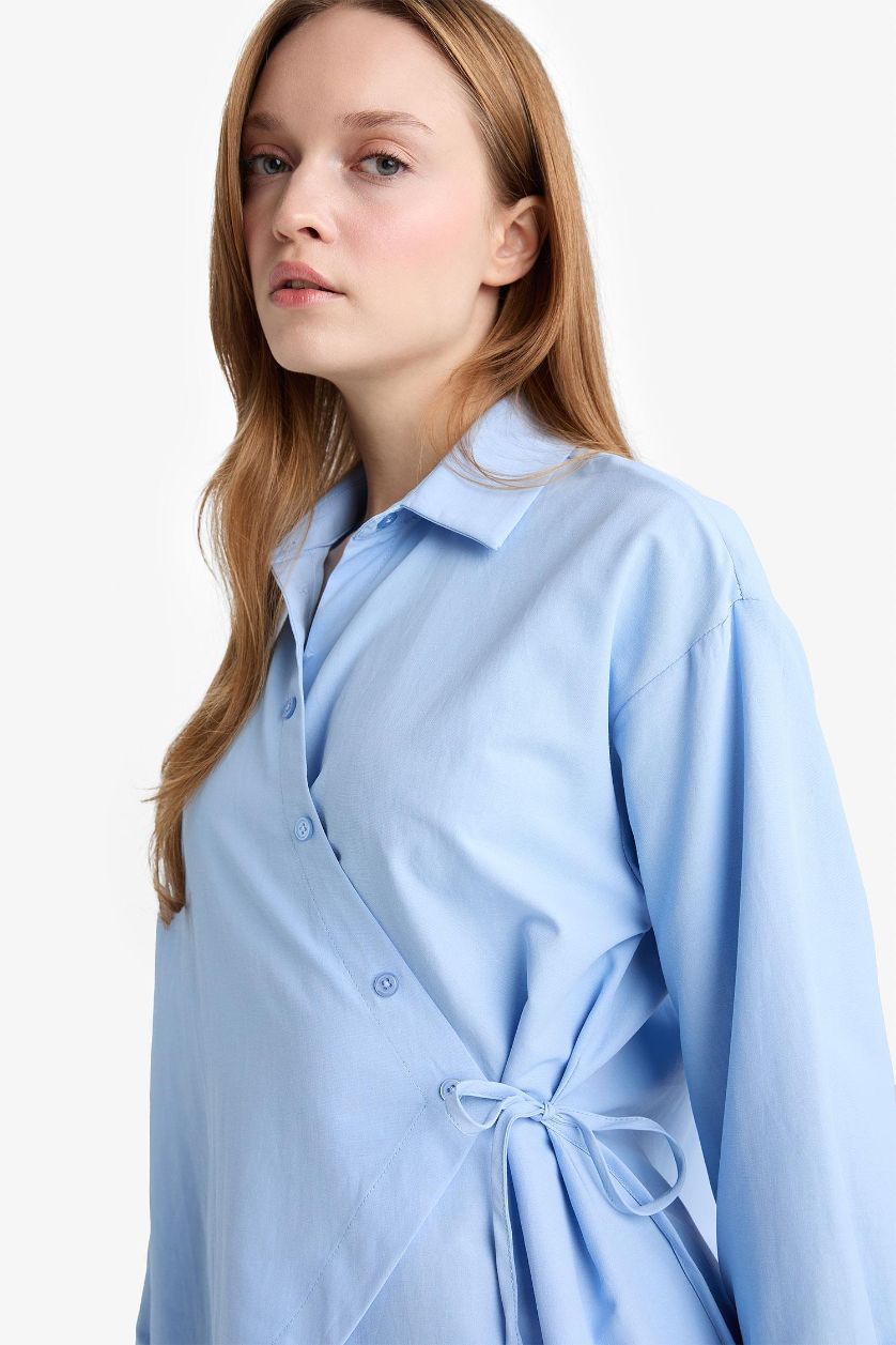 WOMAN Light Blue Regular Fit Poplin Shirt Collar Long Sleeve Tunic
