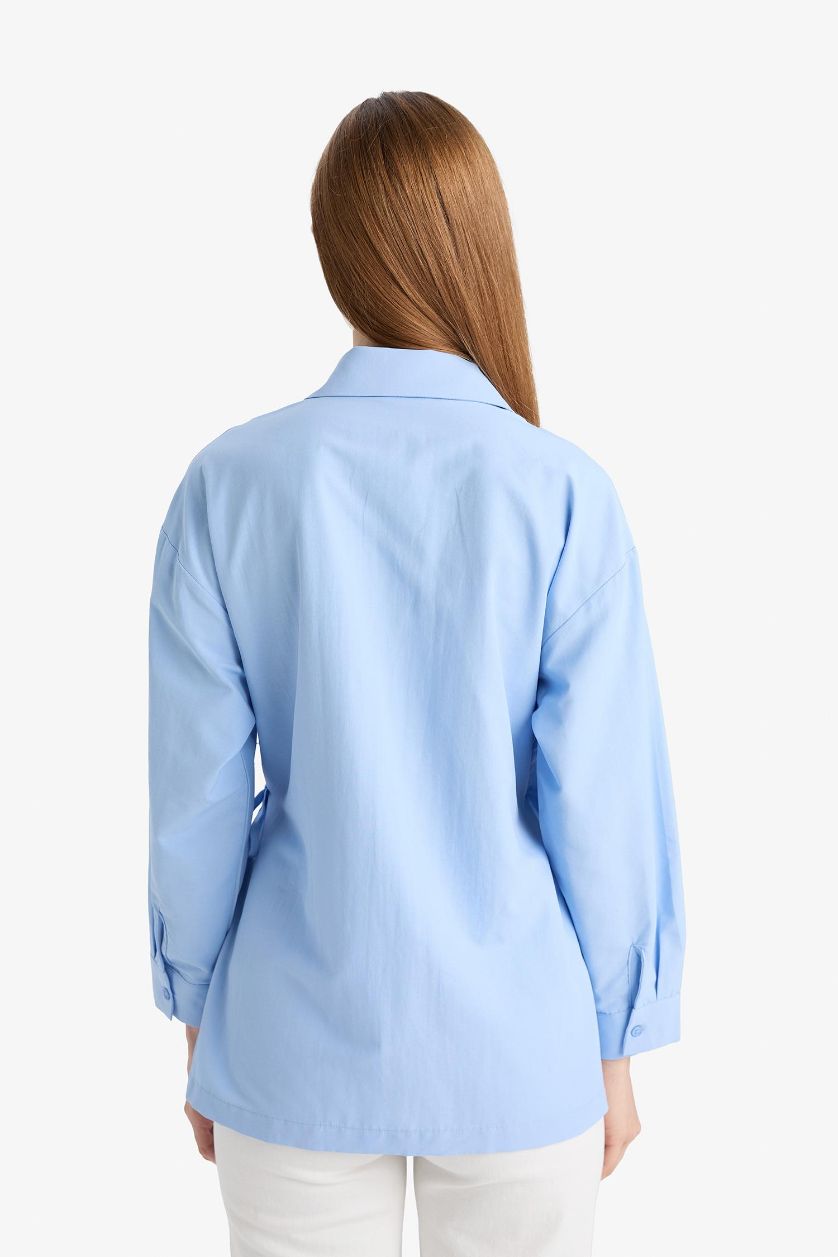WOMAN Light Blue Regular Fit Poplin Shirt Collar Long Sleeve Tunic
