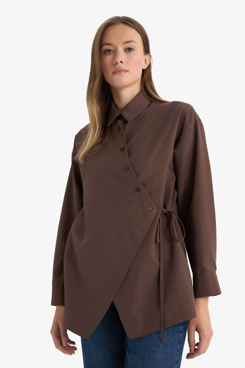 Kadın Kahve Regular Fit Gömlek Yaka Önden Bağlamalı Poplin Uzun Kollu Gömlek Tunik