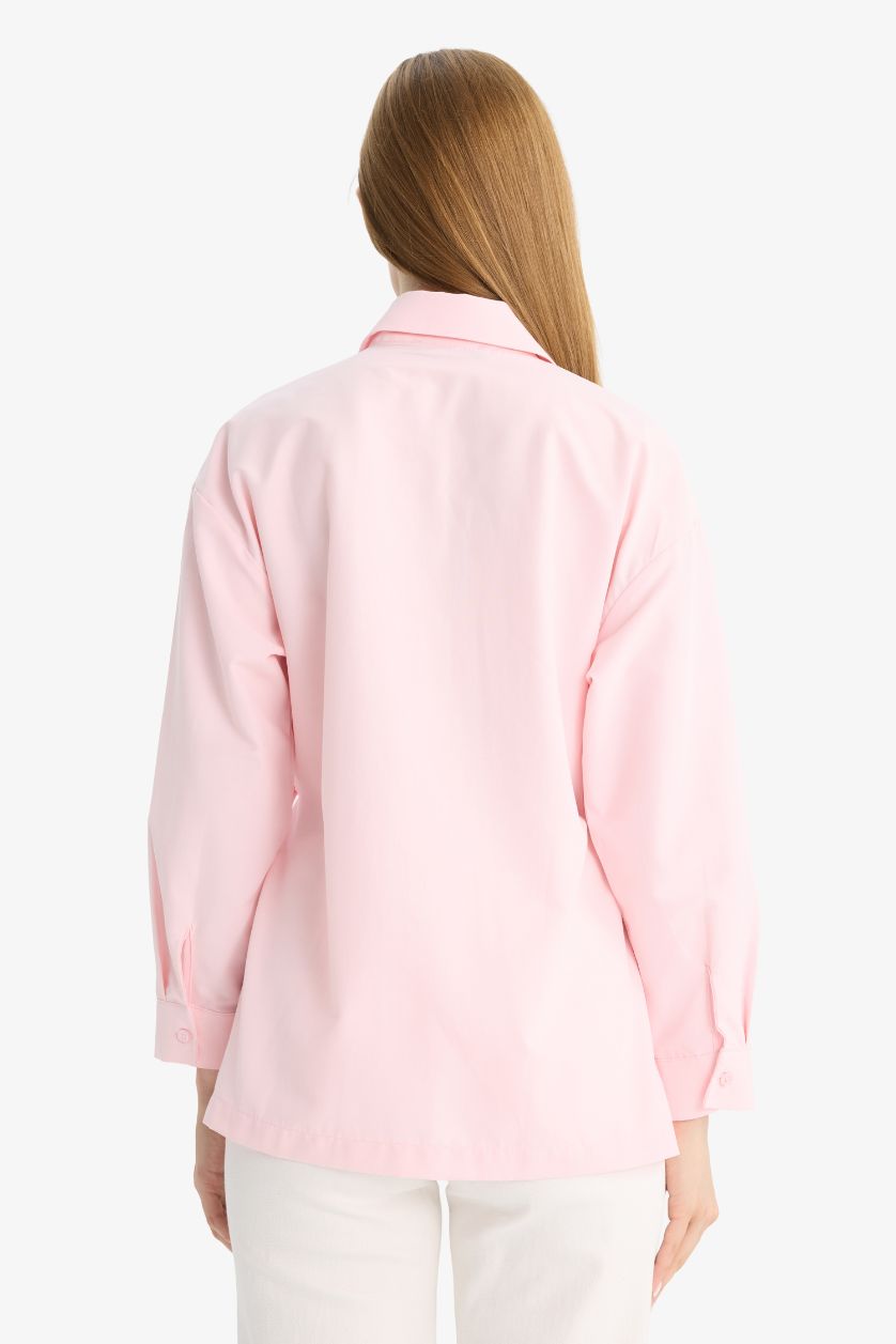 Kadın Açık Pembe Regular Fit Gömlek Yaka Önden Bağlamalı Poplin Uzun Kollu Gömlek Tunik