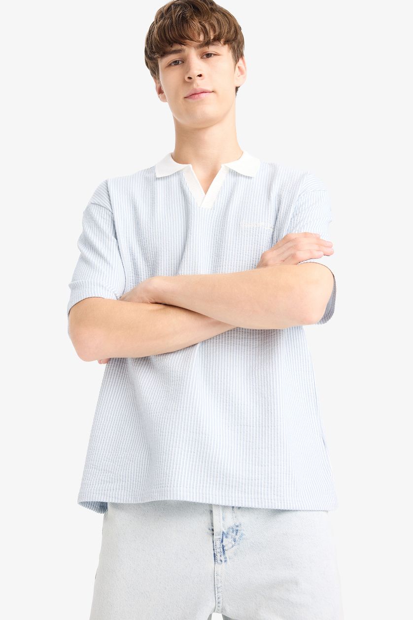 Erkek Açık Mavi Dokulu Boxy Fit Polo Tişört