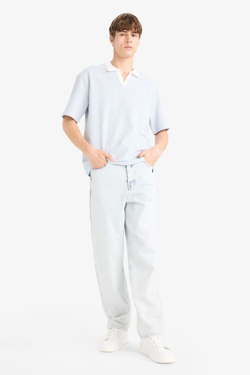 Erkek Açık Mavi Dokulu Boxy Fit Polo Tişört