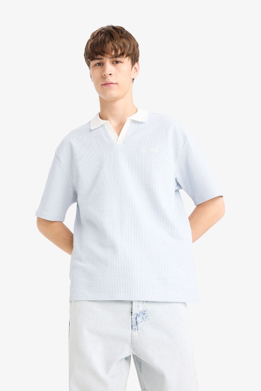 Erkek Açık Mavi Dokulu Boxy Fit Polo Tişört