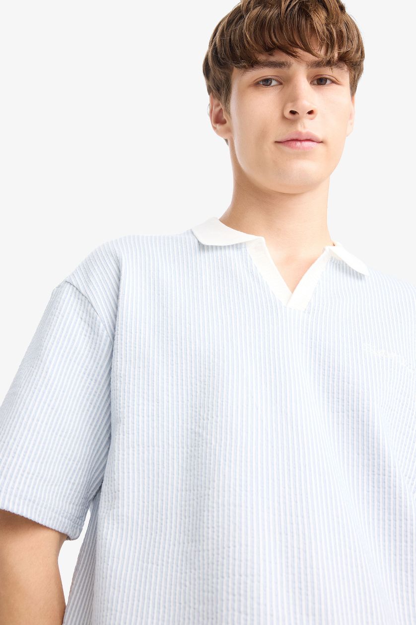 Erkek Açık Mavi Dokulu Boxy Fit Polo Tişört