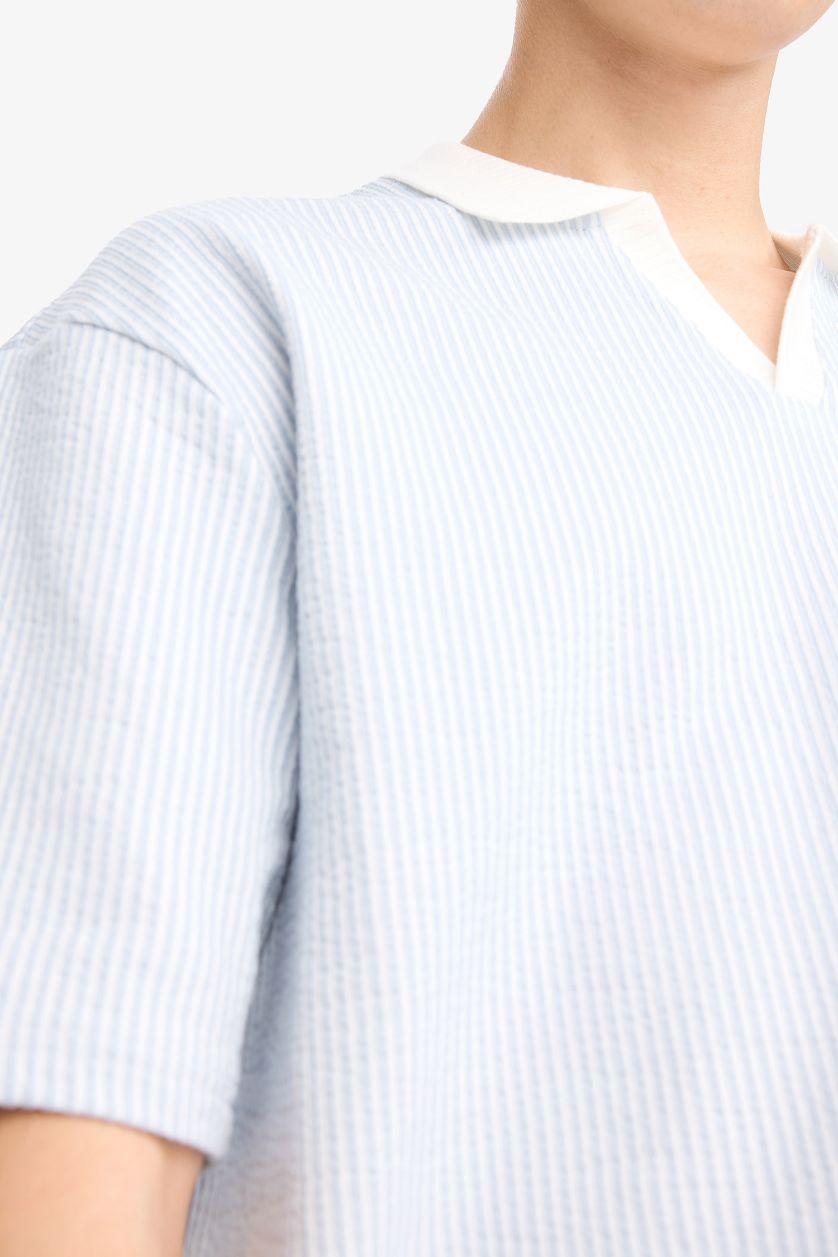 Erkek Açık Mavi Dokulu Boxy Fit Polo Tişört