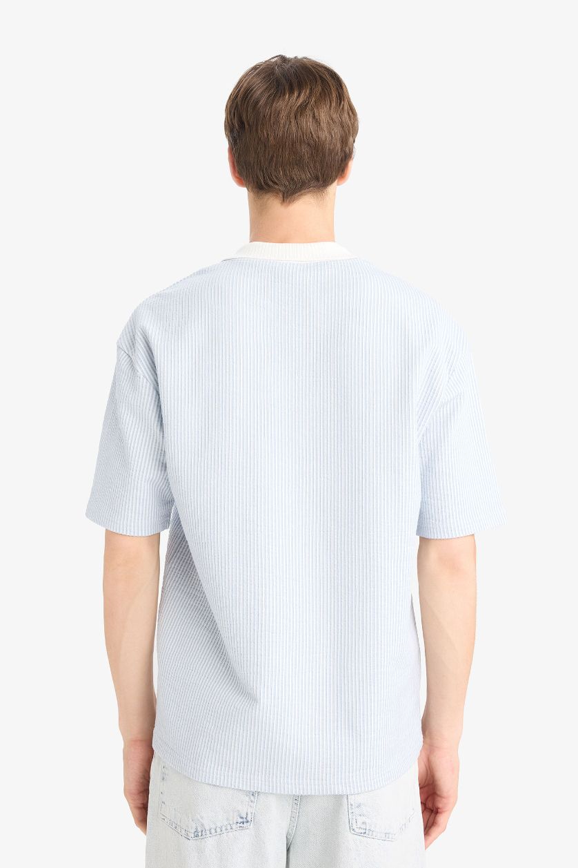 Erkek Açık Mavi Dokulu Boxy Fit Polo Tişört