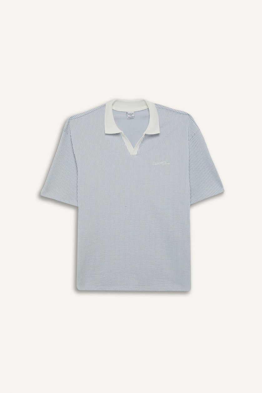 Erkek Açık Mavi Dokulu Boxy Fit Polo Tişört