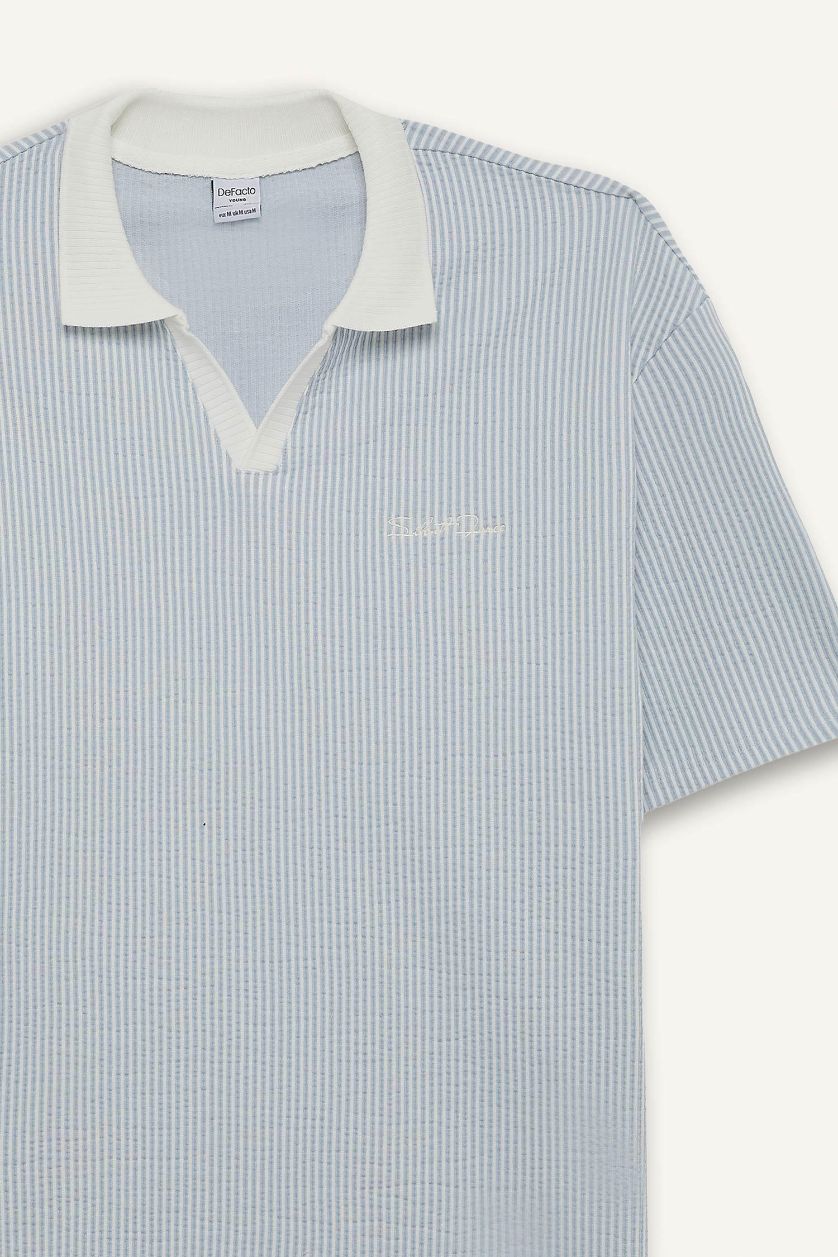 Erkek Açık Mavi Dokulu Boxy Fit Polo Tişört