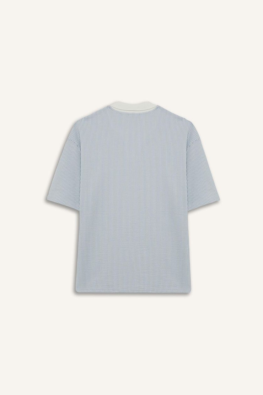 Erkek Açık Mavi Dokulu Boxy Fit Polo Tişört