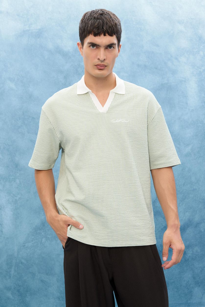 Erkek Mint Dokulu Boxy Fit Polo Tişört