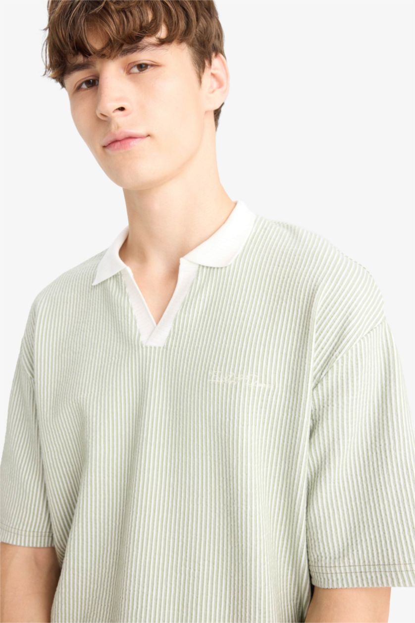 Erkek Mint Dokulu Boxy Fit Polo Tişört