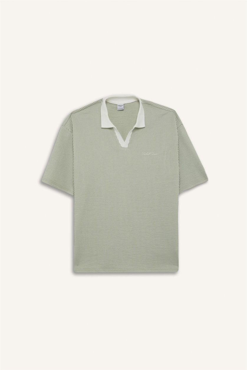Erkek Mint Dokulu Boxy Fit Polo Tişört