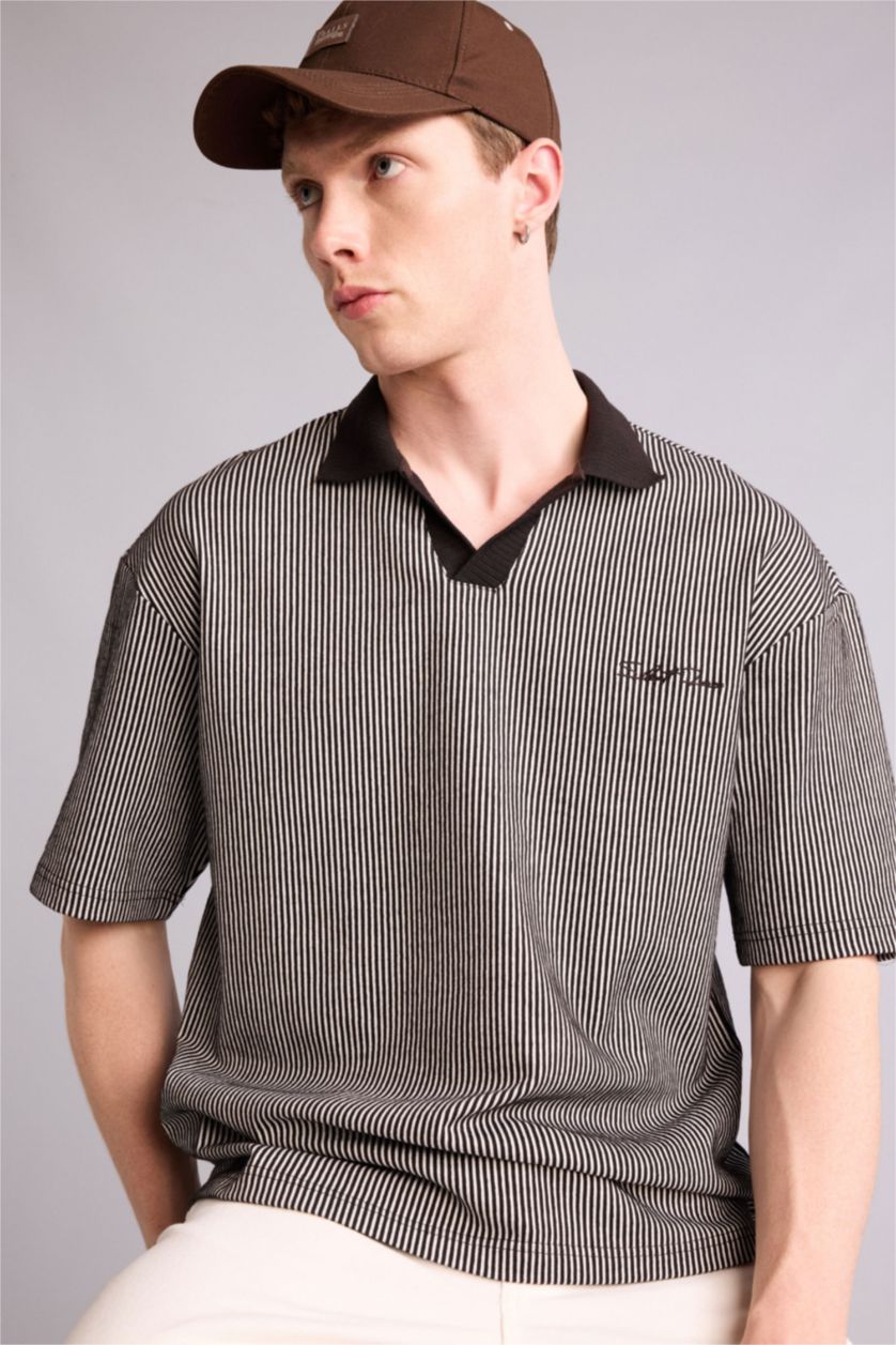 Erkek Kahve Dokulu Boxy Fit Polo Tişört