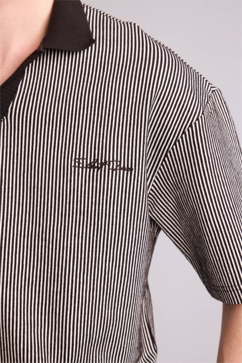 Erkek Kahve Dokulu Boxy Fit Polo Tişört