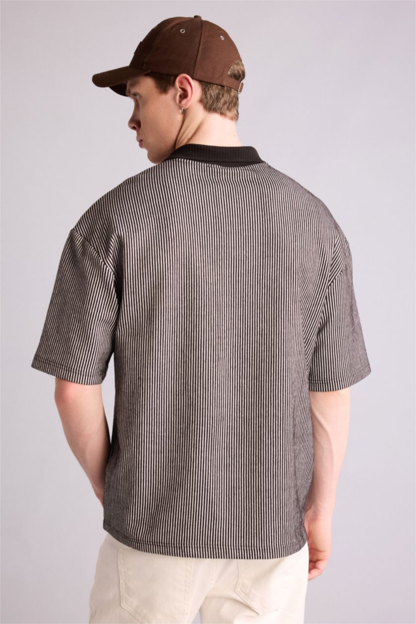 Erkek Kahve Dokulu Boxy Fit Polo Tişört