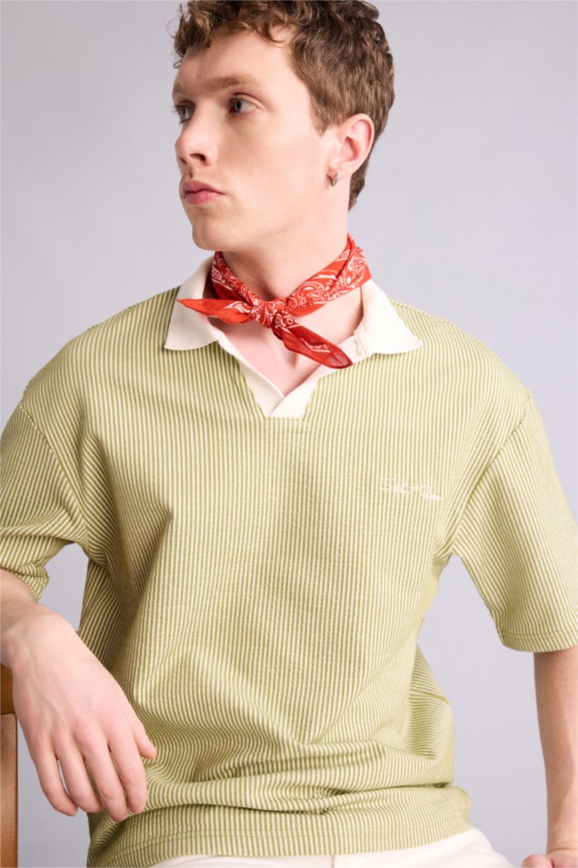 Erkek Yeşil Dokulu Boxy Fit Polo Tişört