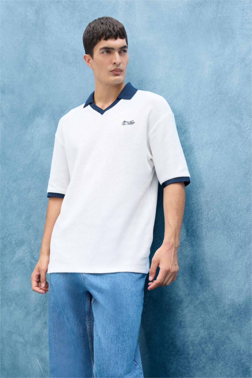 رجالي بيج فاتح Boxy Fit Short Sleeve Polo T-Shirt