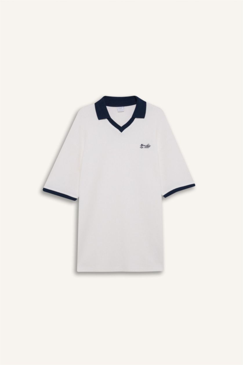 رجالي بيج فاتح Boxy Fit Short Sleeve Polo T-Shirt