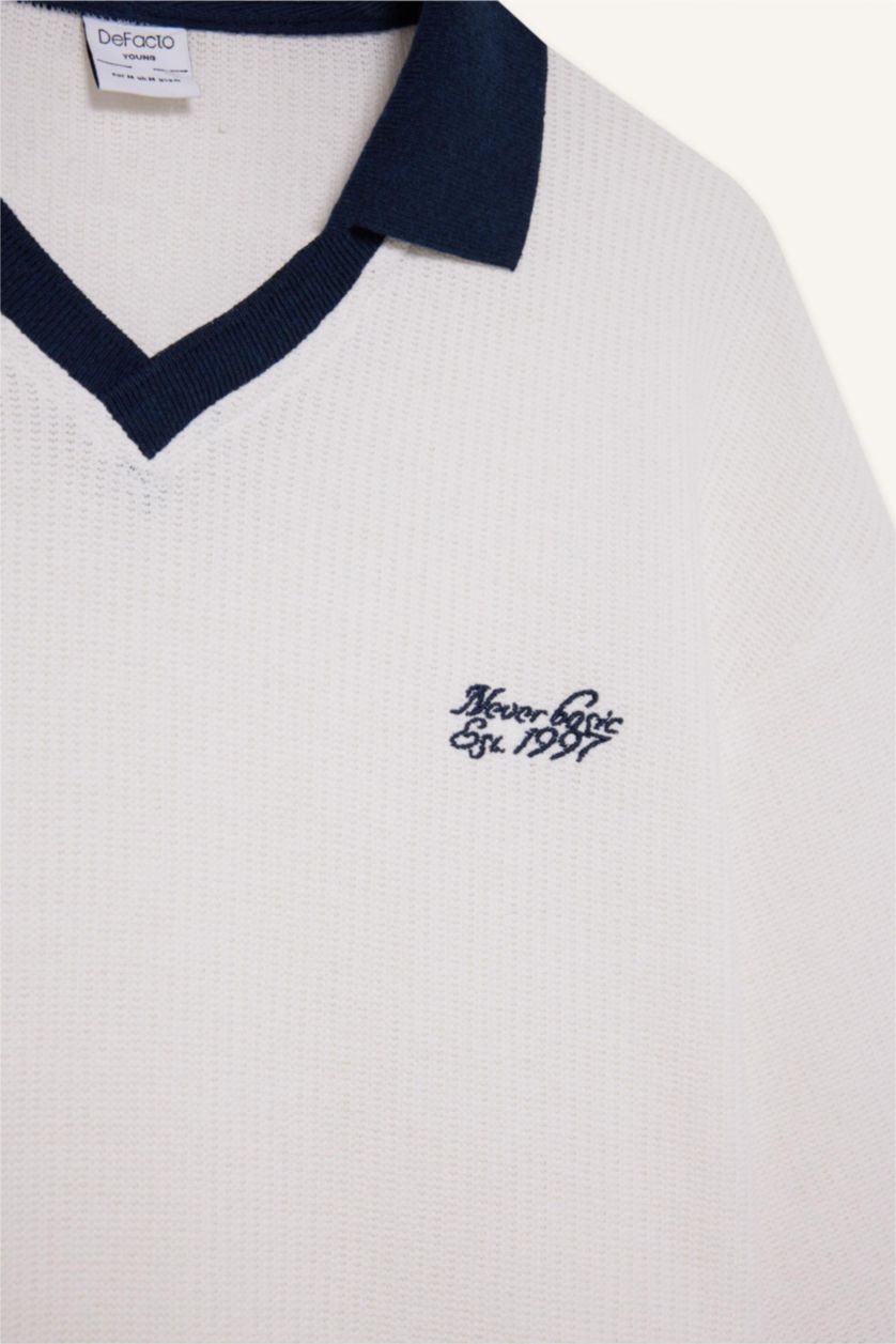 رجالي بيج فاتح Boxy Fit Short Sleeve Polo T-Shirt
