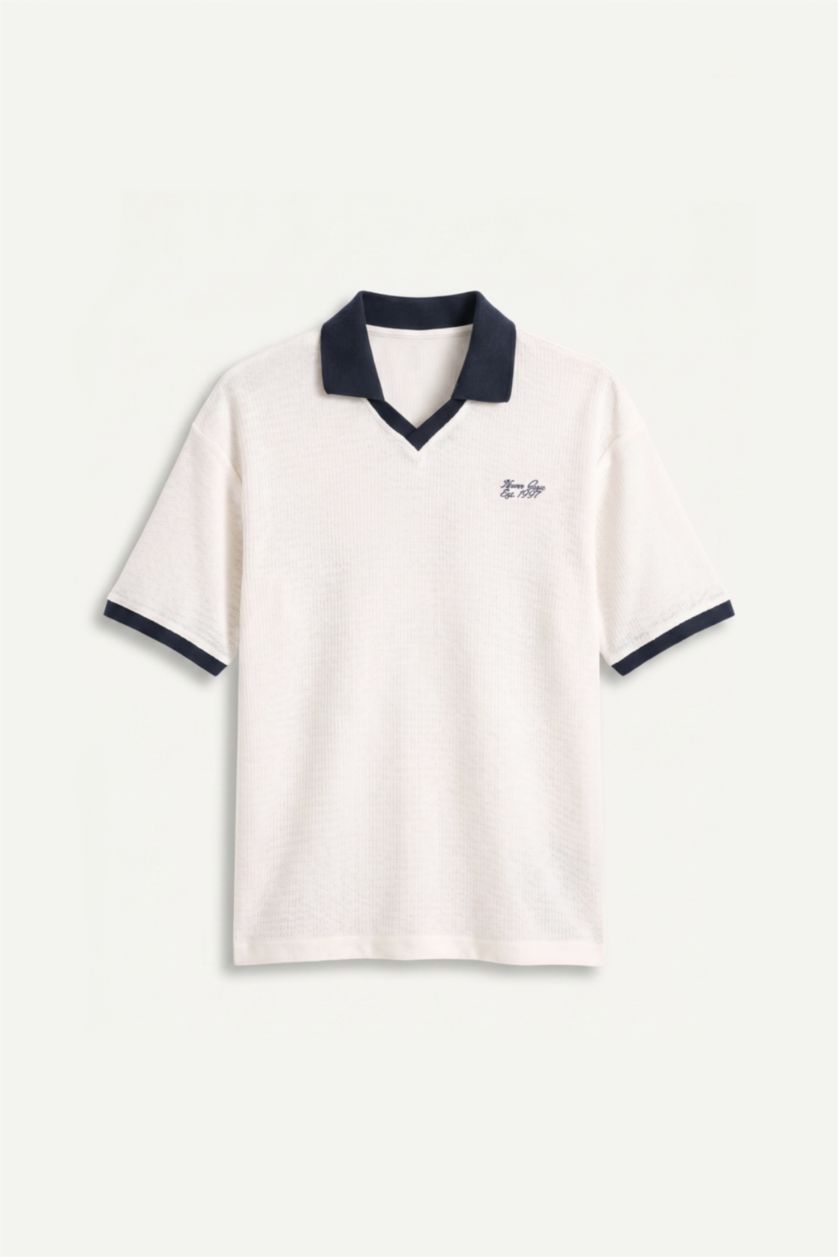 Erkek Ekru Boxy Fit Baskılı Polo Tişört