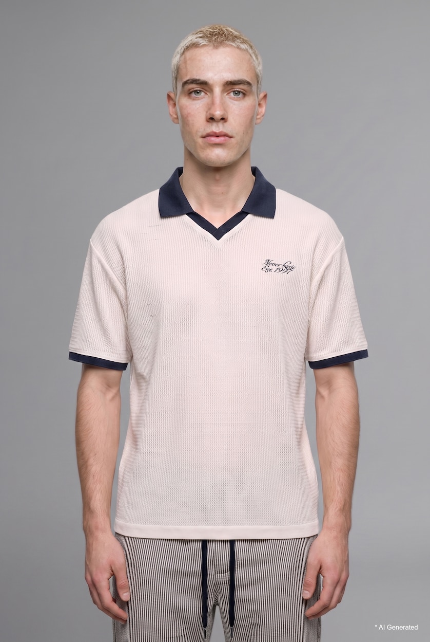 Men Ecru Boxy Fit Polo Collar Printed Short Sleeve Polo T-Shirt