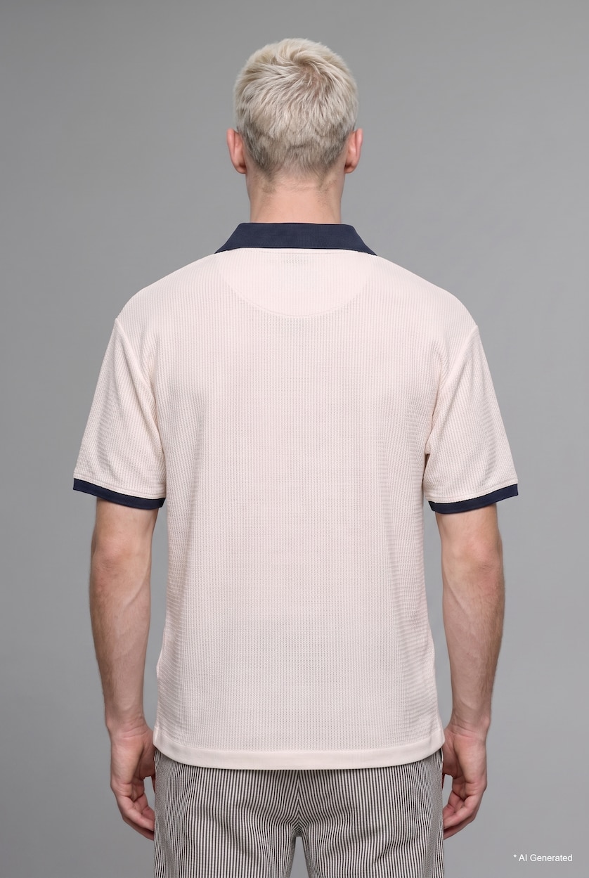 Men Ecru Boxy Fit Polo Collar Printed Short Sleeve Polo T-Shirt