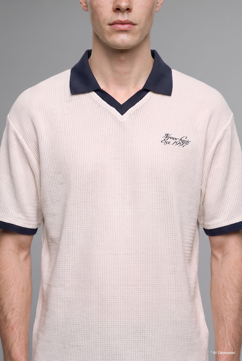 Men Ecru Boxy Fit Polo Collar Printed Short Sleeve Polo T-Shirt
