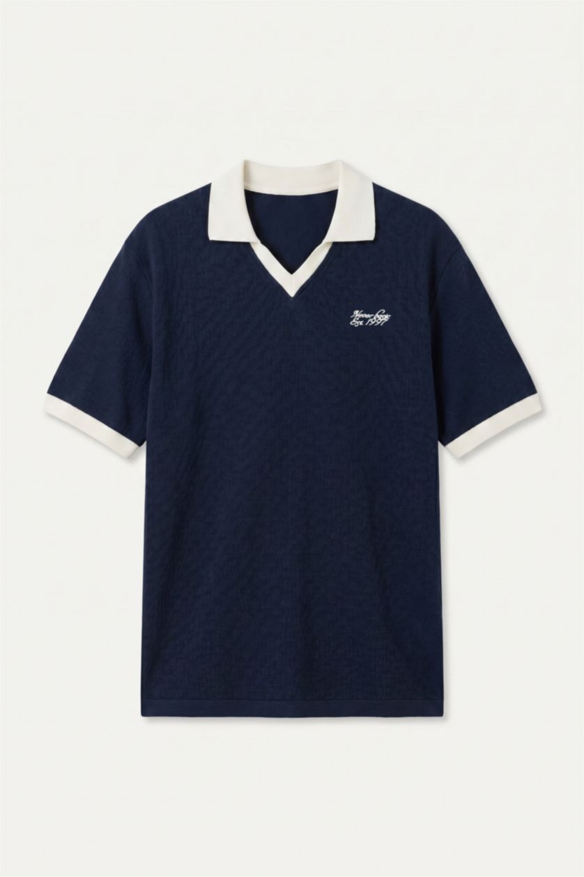 Erkek Lacivert Boxy Fit Baskılı Polo Tişört
