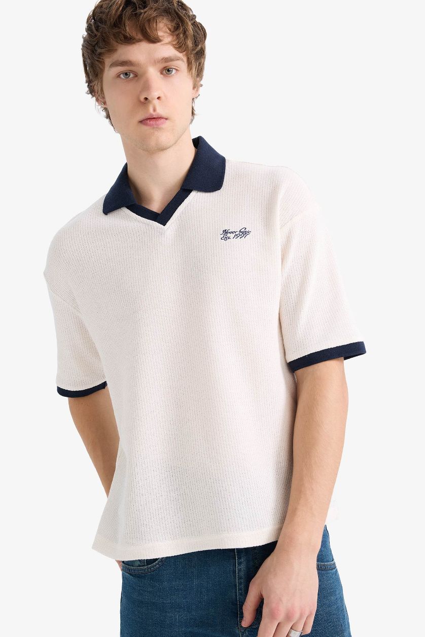 MAN Ecru Textured Boxy Fit Polo T-Shirt