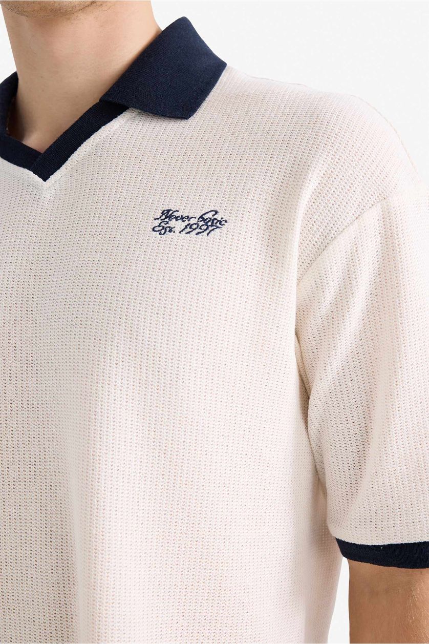 MAN Ecru Textured Boxy Fit Polo T-Shirt