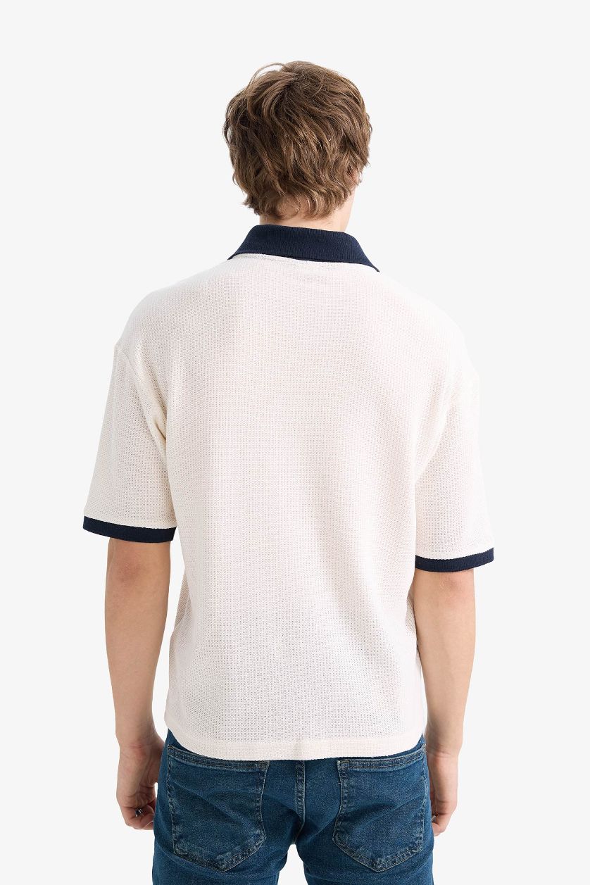 MAN Ecru Textured Boxy Fit Polo T-Shirt